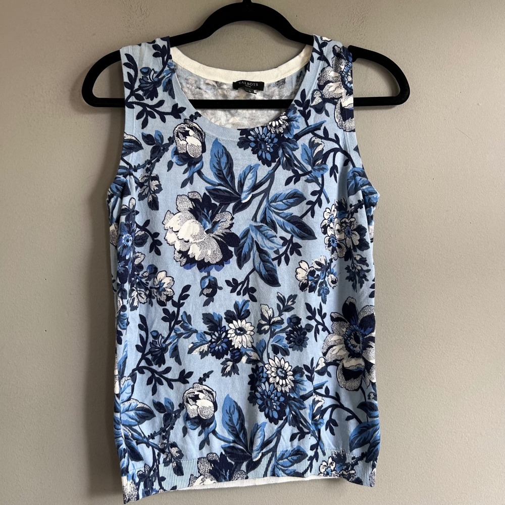 Talbots Petite Blue Floral Sleeveless Sweater Shell Tank Top Cotton Rayon